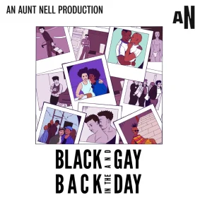 Black and Gay Back In The Day podcast logo, with cartoon polaroid images