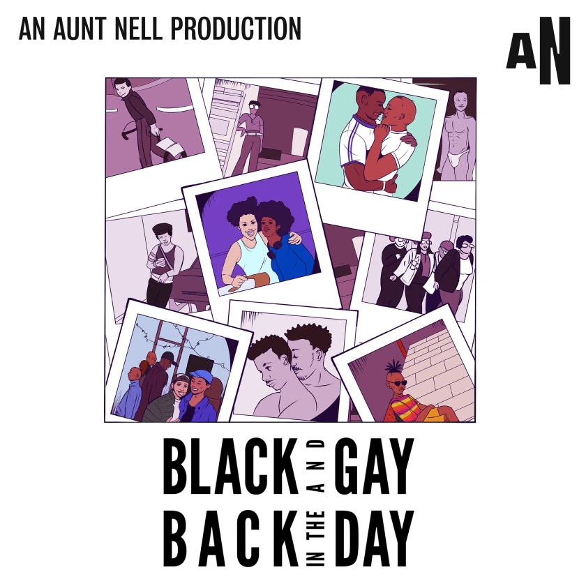 Black and Gay Back In The Day podcast logo, with cartoon polaroid images