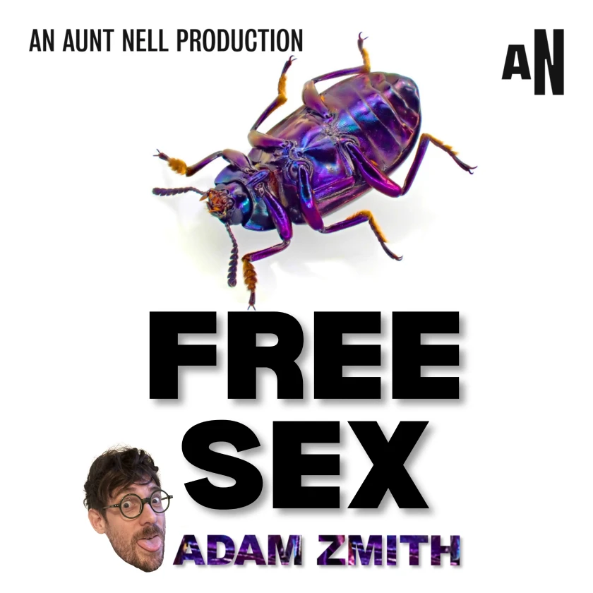Free Sex podcast logo, with the title in bold black font and a purple bug