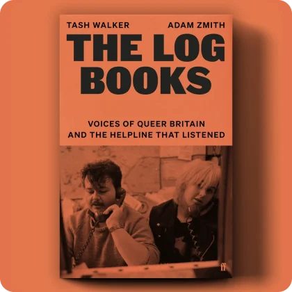 The Log Books Book Cover in orange with two volunteers on the phone.
