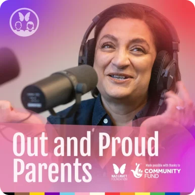 Out and Proud Parents podcast logo, with host Saima smiling at a mic