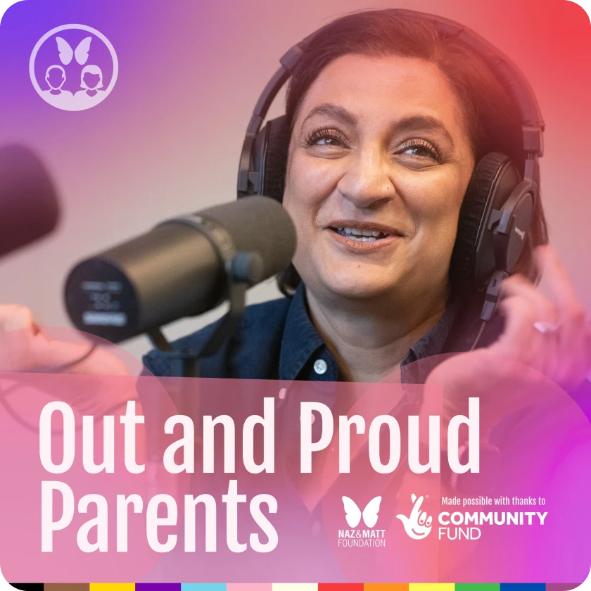Out and Proud Parents podcast logo, with host Saima smiling at a mic