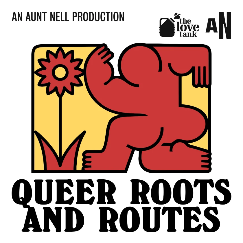 Queer Roots and Routes podcast logo, with a cartoon figure coloured red and sunflowers