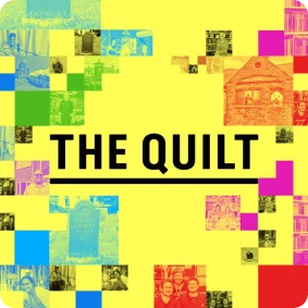 The Quilt on a multicoloured background with Queer Britain & Aunt Nell logos