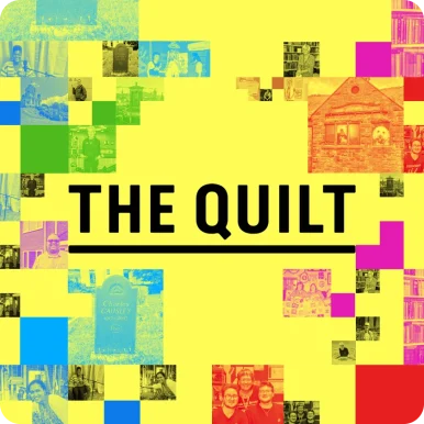 The Quilt on a multicoloured background with Queer Britain & Aunt Nell logos