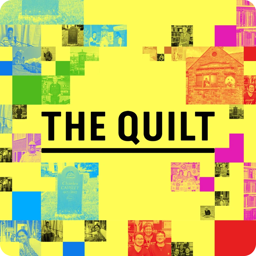 The Quilt on a multicoloured background with Queer Britain & Aunt Nell logos