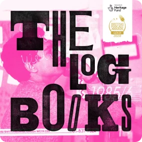 The Log Books podcast logo, black text on pink collage background