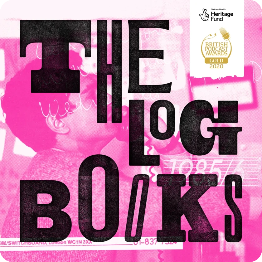 The Log Books podcast logo, black text on pink collage background
