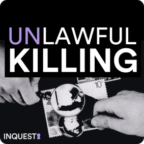 Unlawful Killing podcast logo, with magnifying glasses looking at evidence files