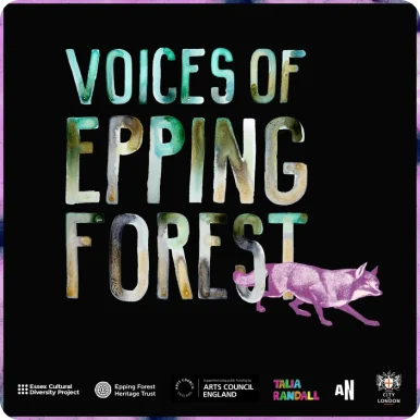 Voices of Epping Forest podcast logo, with a black background and insects and plants