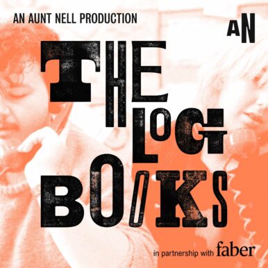 Main artwork for The Log Books podcast from Aunt Nell, with an orange-tinted photo of two Switchboard volunteers in the background